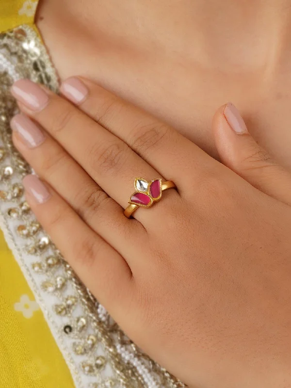 women’s fashion rings-Pink Color Gold Plated Ring - TR-RNG26WP