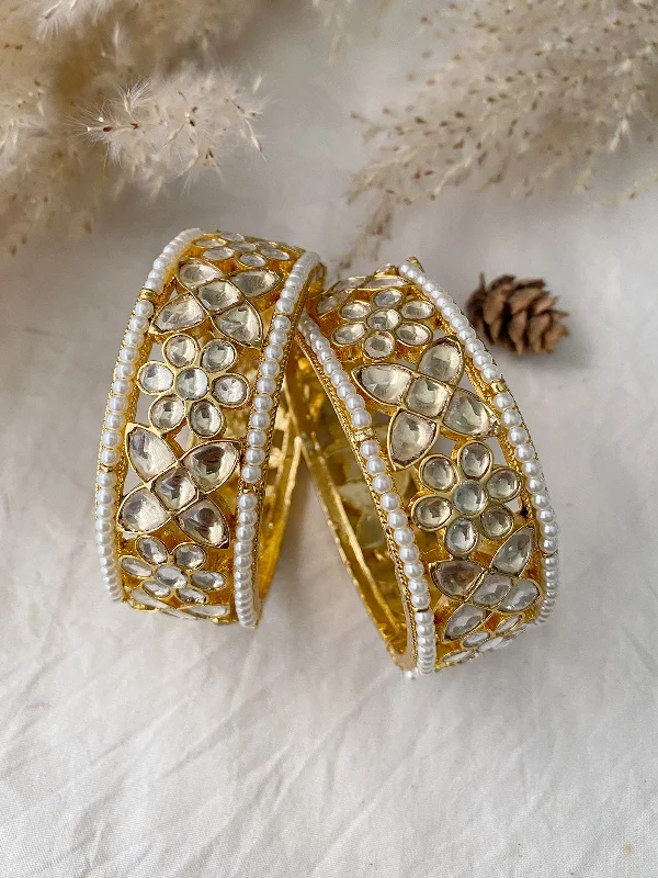 women’s elegant cuff bracelets-White Color Gold Plated Jadau Kundan Bangles - MB103Y