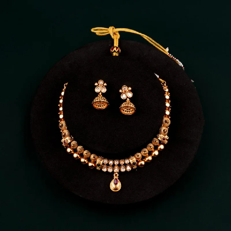 women’s gold necklaces-ChicCharm Jewellery Brass And Copper Gold Plated Uncut Polki Micro Rajwadi Necklace Set