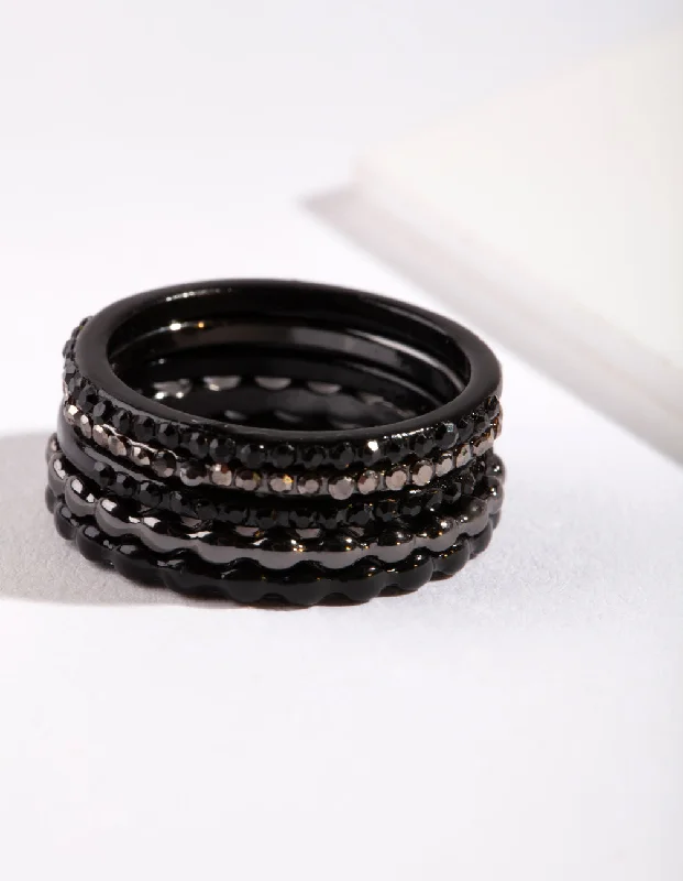 women’s luxury diamond rings-Black Fine Diamante Ring Stack