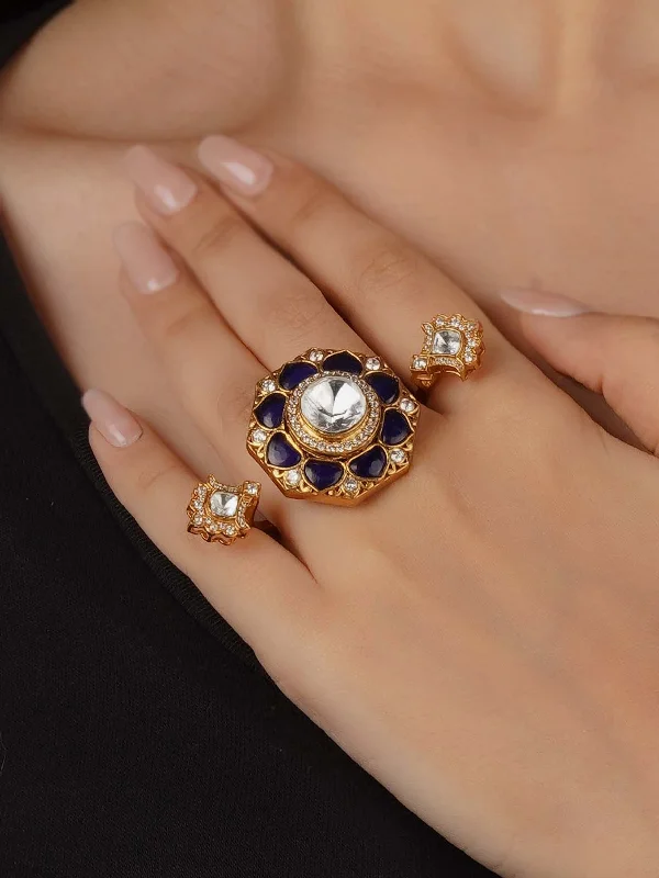 women’s vintage rings-Blue Color Gold Plated Faux Polki Ring - PK-R30BL